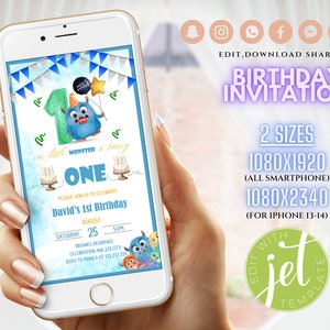 Little Monster Birthday  Invitation, Monster First Birthday Evite Template for Boy, Phone Birthday invitation, Digital Text Birthday Invite