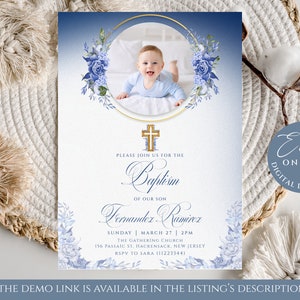 Modèle d'invitation de baptême photo bleu et or, invitation de baptême aquarelle bleu bébé, baptême de garçon modifiable, téléchargement immédiat - B24 -