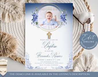 Blue & Gold Photo Baptism Invitation Template,  Baby Blue Watercolor Christening Invite, Editable Boy Baptism, Instant Download- B24 -