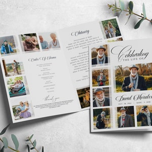May include: A black and white funeral program with a collage of photos of a man. The program includes the text "Celebrating the Life of David Morales, Oct 18, 1967 - March 1, 2018".