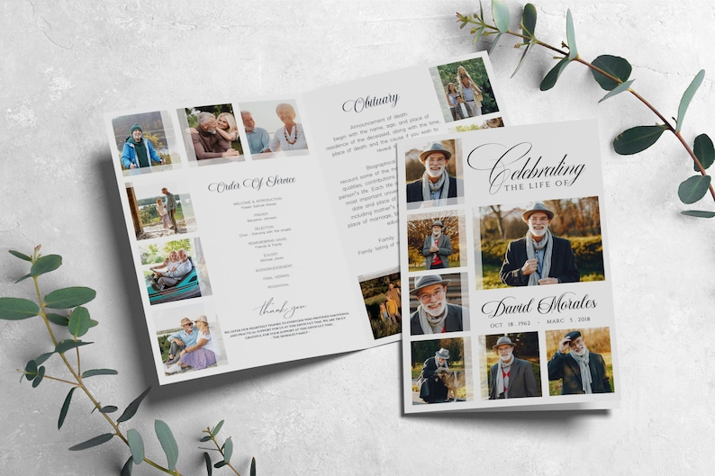 May include: A black and white funeral program with a collage of photos of a man. The program includes the text "Celebrating the Life of David Morales, Oct 18, 1967 - March 1, 2018".