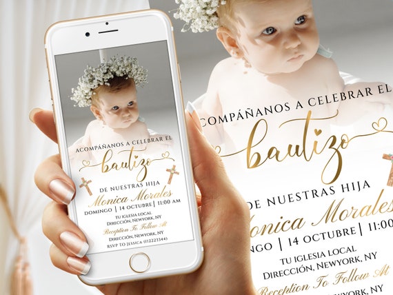 Electrónico Invitacion de Bautizo Plantilla, Invitaciones Bautizo, Bautizo Invitation In Spanish, Sencilla Invitación de Bautismo con Foto
