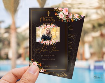 May include: A black and gold memorial card with a floral design and a photo of a woman. The text reads "In Loving Memory, Sophia Jhonson, October 18, 1962 - March 15, 2018".