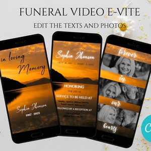 Vídeo Funeral E-invite Sunset, Canva Edit, Anúncio Funeral, Convite Eletrônico Funeral, Memorial Evite, Editável Evite