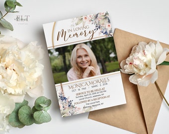 Puede incluir: Una tarjeta de memoria con un diseño floral y una foto de una mujer. La tarjeta dice "En memoria cariñosa" e incluye el nombre "Monica Morales" con las fechas de nacimiento y muerte. También incluye los detalles de un servicio y una recepción.