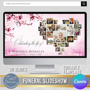 Floral Funeral Slideshow Template, Memorial Video, Celebration of Life, Canva Template, 30 Slides (Digital Download)
