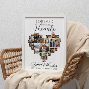 Pu&ograve; includere: Una stampa commemorativa incorniciata con un collage di foto a forma di cuore. Le parole "FOREVER IN OUR HEARTS" sono in alto, con il nome "David Morales" e le date sottostanti. La cornice &egrave; bianca.