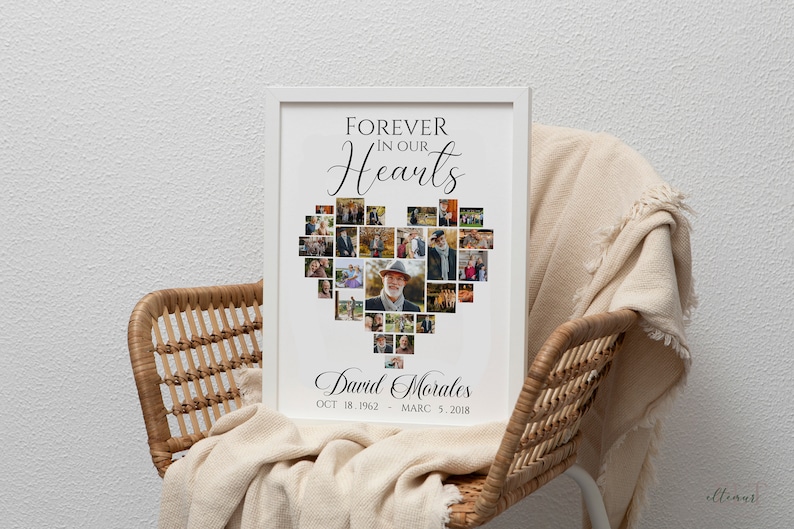 Pu&ograve; includere: Una stampa commemorativa incorniciata con un collage di foto a forma di cuore. Le parole "FOREVER IN OUR HEARTS" sono in alto, con il nome "David Morales" e le date sottostanti. La cornice &egrave; bianca.