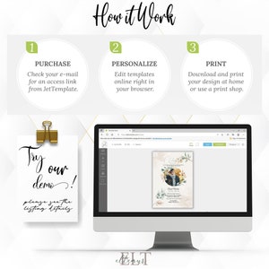 May include: A computer screen showing a website with a design template for a funeral announcement. The template features a photo of a man in a circle surrounded by floral elements. The text on the screen reads "Download and print your design at home or use a print shop."