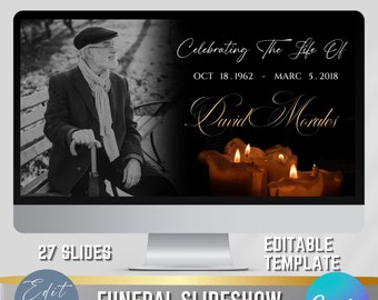 Funeral Slideshow Template, Black and Gold Memorial Video, Celebration of Life Presentation, Edit yourself Funeral Photo Tribute, 27 Slides