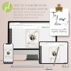 May include: A digital mockup of a computer screen, tablet, and phone displaying a printable invitation template. The invitation features a watercolor background with a photo of a man in a circle. The text on the invitation reads "Celebrate" and "Dear Friends". The text on the screen reads "Edit in your browser with Jet Online Editor. Edit texts, change fonts & color. Add images. Edit movable images. Change background color."