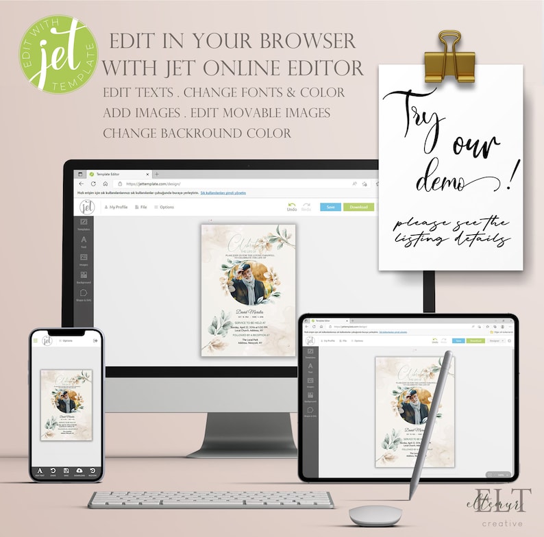 May include: A digital mockup of a computer screen, tablet, and phone displaying a printable invitation template. The invitation features a watercolor background with a photo of a man in a circle. The text on the invitation reads "Celebrate" and "Dear Friends". The text on the screen reads "Edit in your browser with Jet Online Editor. Edit texts, change fonts & color. Add images. Edit movable images. Change background color."