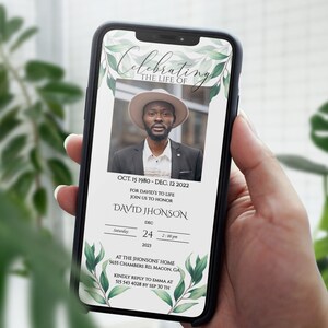 E-invite Greenery Funeral Annonce funéraire électronique, Pour homme, Invitation funéraire électronique, Evite commémorative, Modèle Evite modifiable
