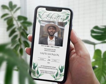 May include: A digital memorial invitation with a green leafy border. The invitation reads "Celebrating the life of" and includes a photo of a man wearing a hat. The text also includes the dates "Oct 15 1980 - Dec 12 2022" and "Dec 24 2:00 pm" and the name "David Jhonson".