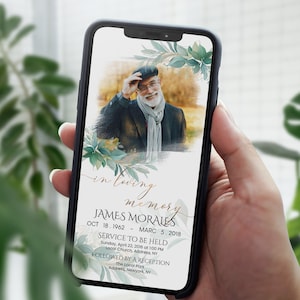 Convite eletrônico para funeral de vegetação, modelo digital de anúncio de funeral, convite para celebração da vida, convite eletrônico para memorial, F23