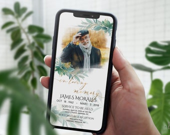 Electronic Greenery Funeral invitation , Digital Funeral Announcement Template, Celebration of life invitation, Memorial E- invitation, F23