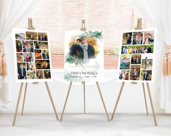 SET Greenery Funeral Collage Templates, funeral welcome sign, Celebration of life , Sign set poster memorial service ,Stand Memorial - F23 -