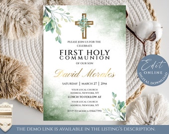 Greenery Baptism Invitation Card  Template, White Roses Christening Invite Template, Editable and Printable Announcement Baptism  - B14 -