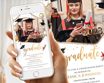 May include: A white and gold graduation party invitation with a photo of a graduate in a cap and gown. The invitation says "Join us for a graduation party in honor of Jessica Johnson graduating from the University of Chicago. Sunday, June 18, 2pm. Johnson's Residence Celebration Ave, Any City. RSVP to Sarah at 111.222.333."