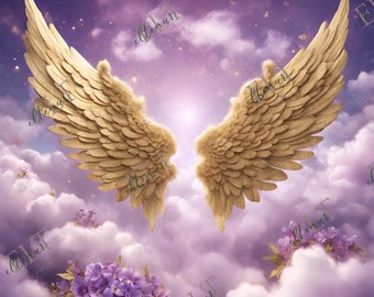 Purple Heaven Sky and Golden Angel Wings, In Loving Memory PNG, Memorial Background EDITABLE Template, Rest in Peace, CANVA, Digital File 27