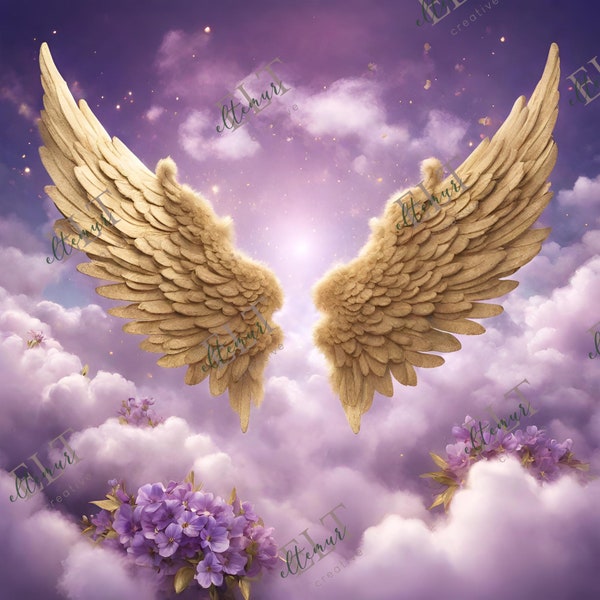 Purple Heaven Sky and Golden Angel Wings, In Loving Memory PNG, Memorial Background EDITABLE Template, Rest in Peace, CANVA, Digital File 27