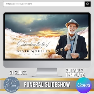 May include: A computer monitor displays a funeral slideshow template. The slideshow features a photo of a man with text that reads "Celebrating the life of David Morales." Additional text includes "31 Slides" and "Editable Template."