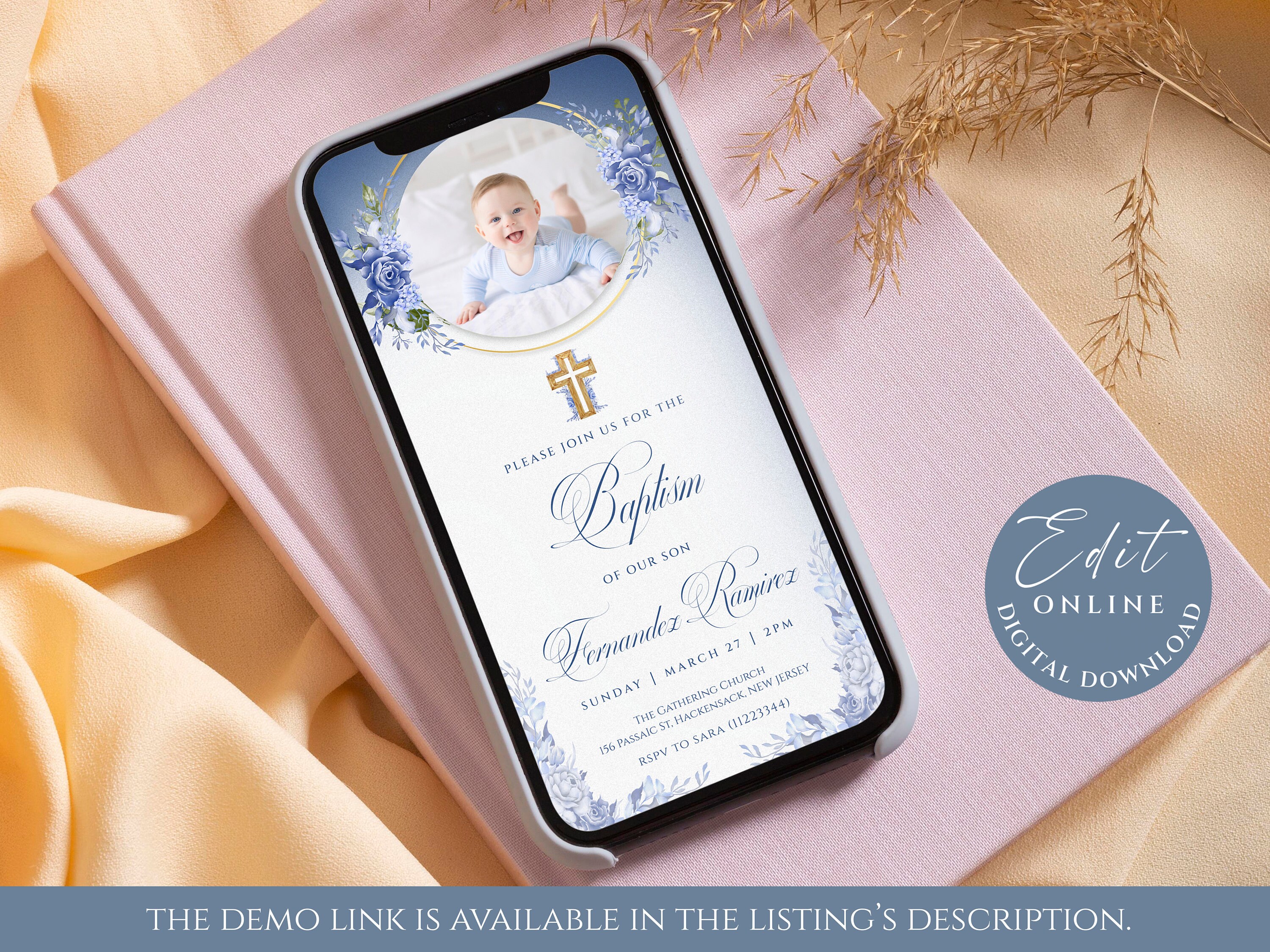 Baptism Evite blue & Gold Photo Baptism Invitation Template Etsy