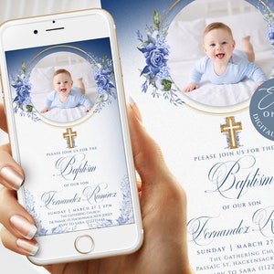 Baptême Evite, modèle d'Invitation de baptême photo bleu et or, invitation de baptême bleu bébé aquarelle, baptême garçon modifiable - B24 -