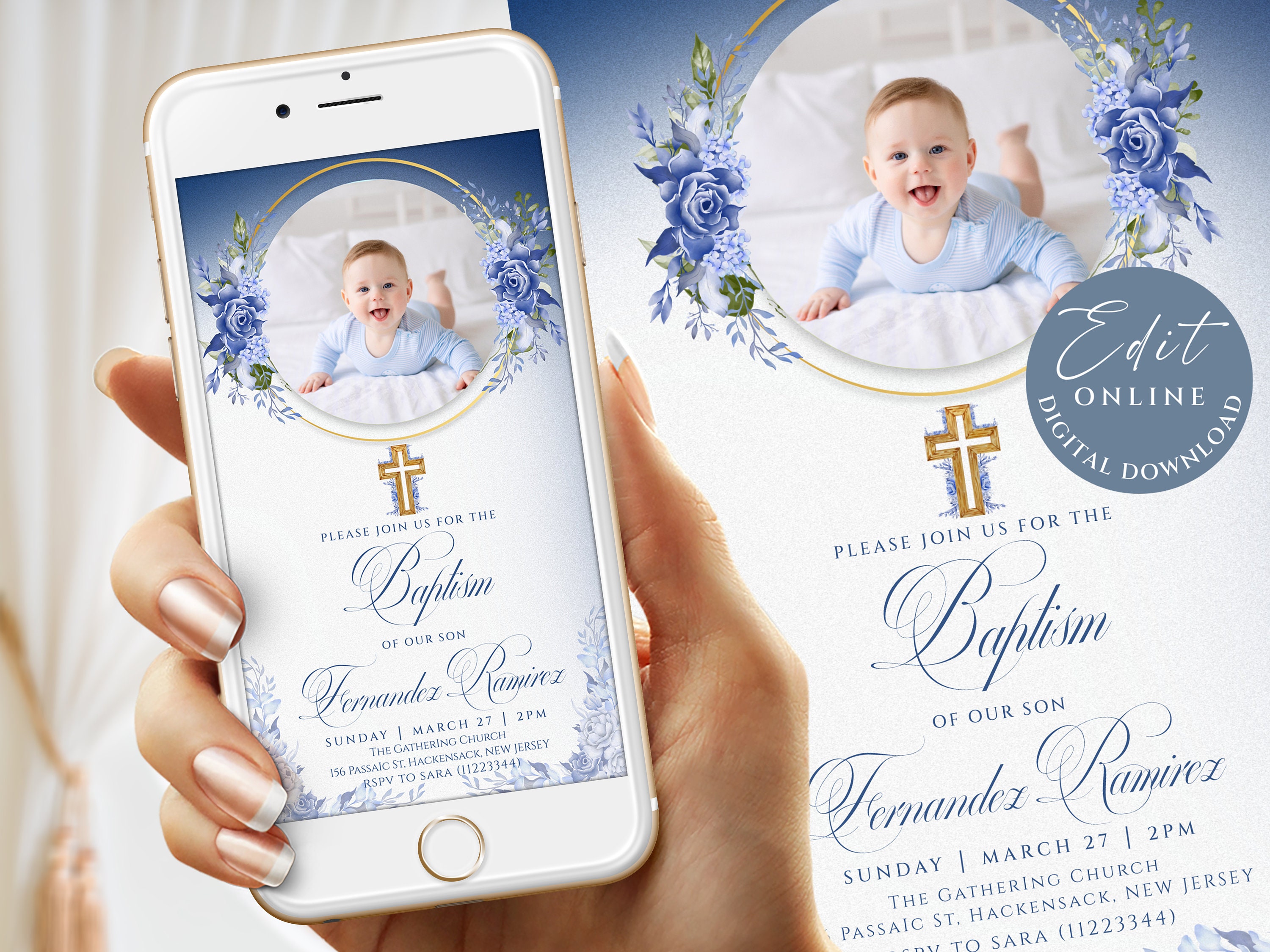 Baptism Evite blue & Gold Photo Baptism Invitation Template Etsy