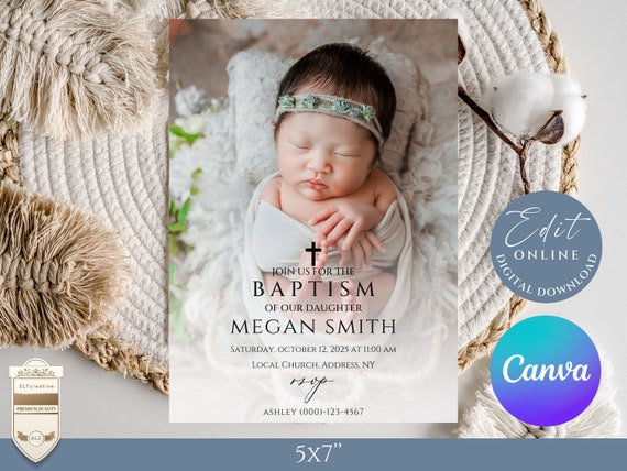Baptism Invitation Template, 5x7 invitation Card , Editable Modern Baptism invitation Template, Christening invitation template- B28 -