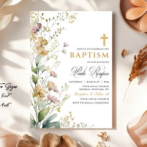 Invito battesimo floreale giallo e verde, invito battesimo bambino, biglietto di ringraziamento battesimo blu, modello invito battesimo