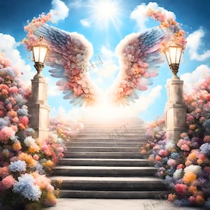 Floral Angel Wings Heaven Background, In Loving Memory PNG, Memorial Background Template Stairs to Heaven, Rest in Peace, Digital Files 49