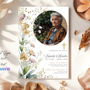 Faire-part pour les funérailles, faire-part pour les funérailles de fleurs vertes, célébration de la vie, invitation à un service commémoratif, modèle de carte modifiable, CANVA F38