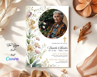 Puede incluir: Una tarjeta de anuncio de funeral con un diseño floral en tonos verdes, amarillos y rosas. La tarjeta presenta una foto de una mujer en un círculo y el texto "Celebrating the Life of Daniela Morales, Oct 18, 1962 - March 5, 2025". La tarjeta también incluye información sobre el servicio y la recepción.