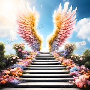 Coloring Angel Wings Heaven Background, In Loving Memory PNG, Memorial Background Template Stairs to Heaven, Rest in Peace, Digital Files 48