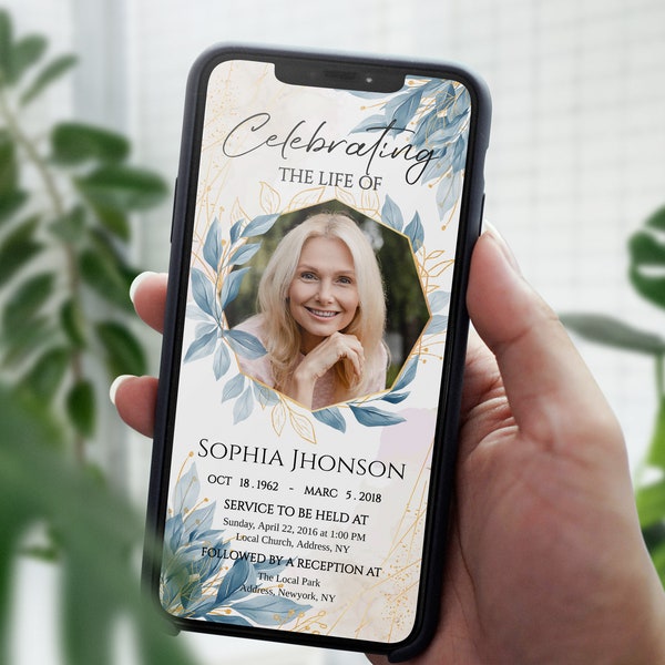 Funeral Evite Blue leaves Electronic Funeral Announcement, Electronic Funeral Invitation, Memorial Evite, Editable Evite