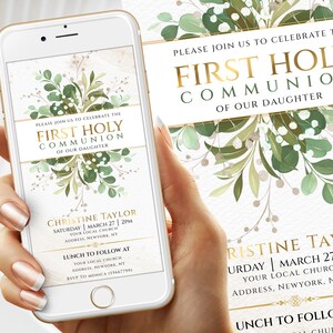 Electronic First Holly Communion Invitation ,Greenery & Gold Communion First Communion Evite, Greenery Communion Evite, Daughter and Son B14