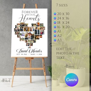 Pu&ograve; includere: Un cartello commemorativo su un cavalletto con la scritta "Forever in Our Hearts" sopra un collage di foto a forma di cuore. Sotto, il nome "David Morales" e le date. Disponibile in 7 misure.
