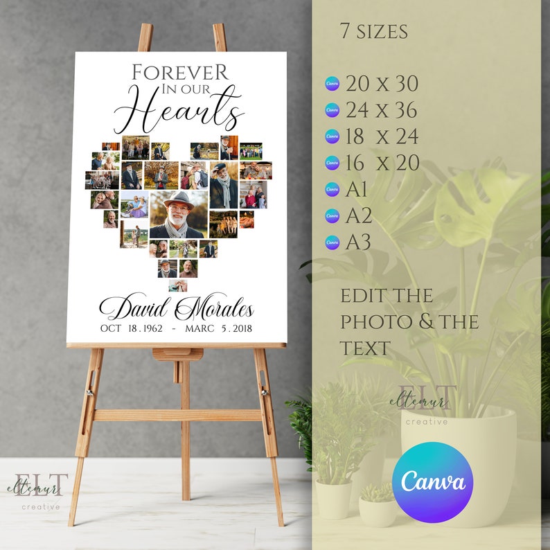 Pu&ograve; includere: Un cartello commemorativo su un cavalletto con la scritta "Forever in Our Hearts" sopra un collage di foto a forma di cuore. Sotto, il nome "David Morales" e le date. Disponibile in 7 misure.