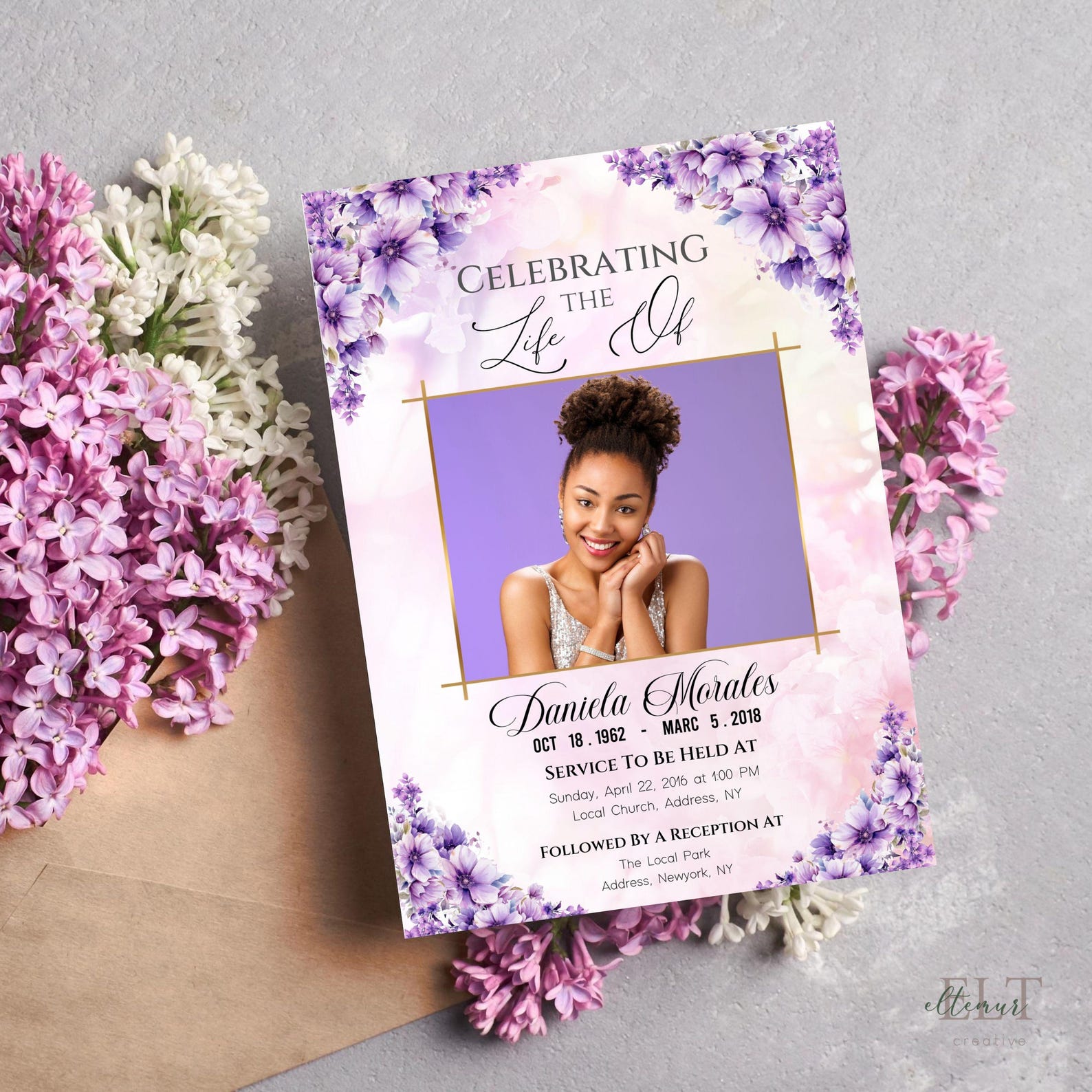Purple Funeral Invitation Template, Simple Photo Celebration of Life ...