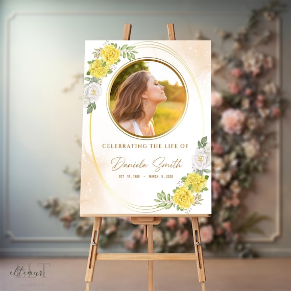 Yellow Rose Funeral Welcome Sign Template: Editable Memorial