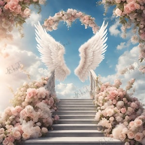 May include: A white, feathery angel wing backdrop with a white stone staircase leading up to a cloudy sky. The staircase is flanked by pink and white flowers.