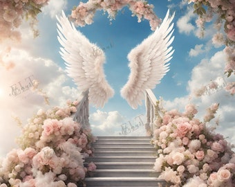 Floral Heaven Background, In Loving Memory PNG, Memorial Background EDITABLE Template Stairs to Heaven, Rest in Peace, Digital Files 21