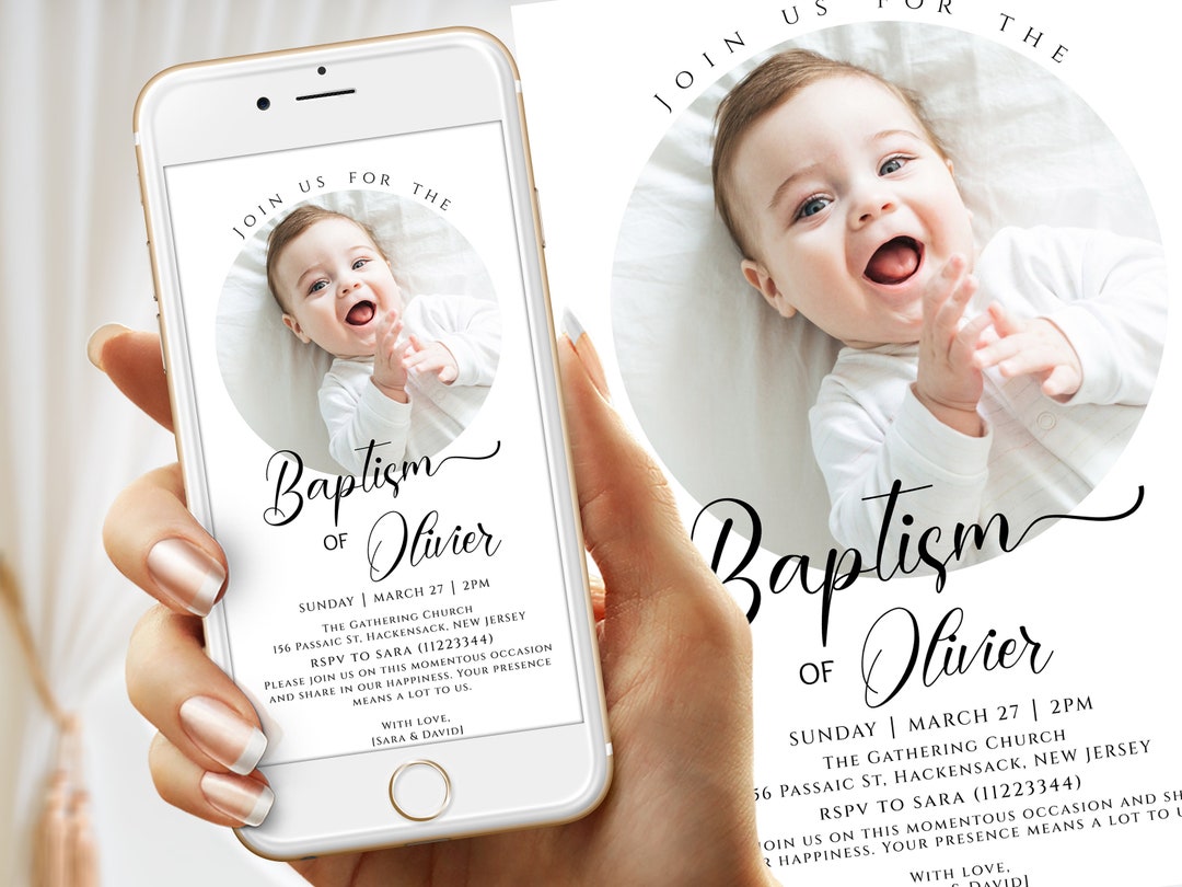 Modern Christening Evite ,baptism E Invite Template, Simple Photo