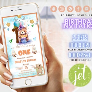 Pretty Bear Birthday Invitation, Bear First Birthday Evite Template, Phone Birthday invitation, Digital Text Birthday Invite, Birthday Party