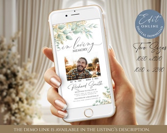 Greenery Funeral Evite Template , Modern Funeral Invitation for Smartphones, Electronic Celebration of Life invitation Funeral Announcement