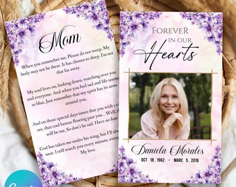 Purple Funeral Prayer Card Template, Editable Memorial Prayer Card, Obituary Card, INSTANT DOWNLOAD, CANVA Template 3"x5" & 2"x3,5" - F36 -
