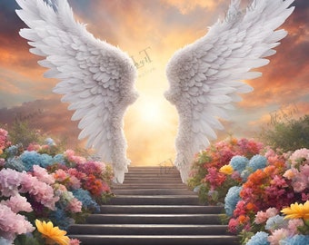 May include: A pair of large, white angel wings with feathery details stand open against a sunset sky.  A stairway leads up to a bright light between the wings, surrounded by colorful flowers.