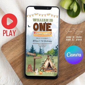 Happy Camper First Birthday  Video Evite Template Birthday Animated Invitation Template, 1st Birthday Boy and girl Woodland Animals #BV2