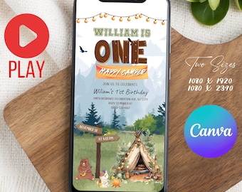 ONE Happy Camper First Birthday Invitation, Video Evite Template, Birthday Animated Camping Invitation, 1st Birthday Boy and girl Woodland